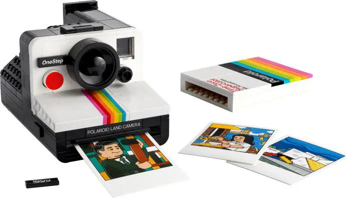 Classic Polaroid camera set with images