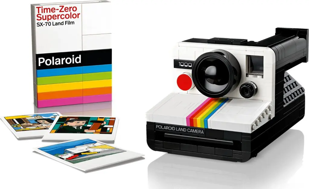 Classic Polaroid camera and rainbow-striped film
