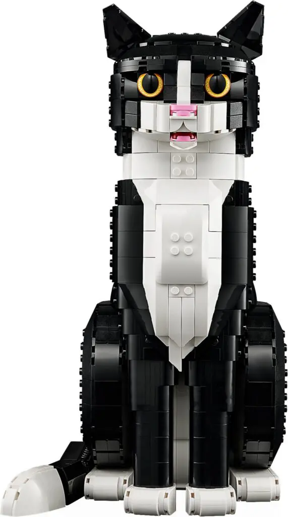 Brick-built cat with yellow eyes
