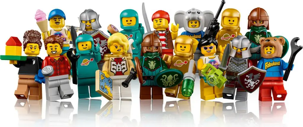 Group of diverse LEGO minifigures displayed