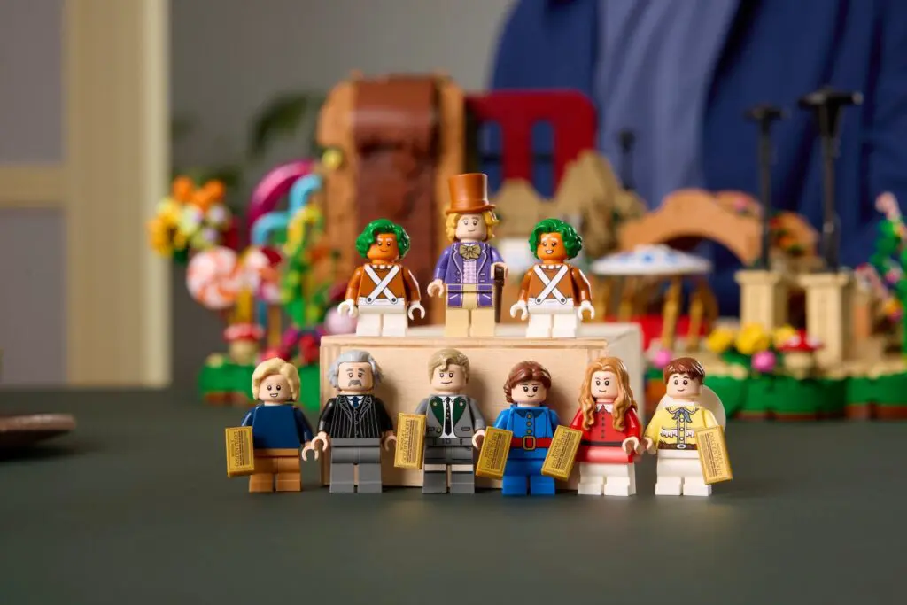 Vibrant Lego scene with figures and backdrop.