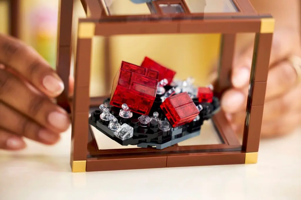 LEGO gems inside a display case