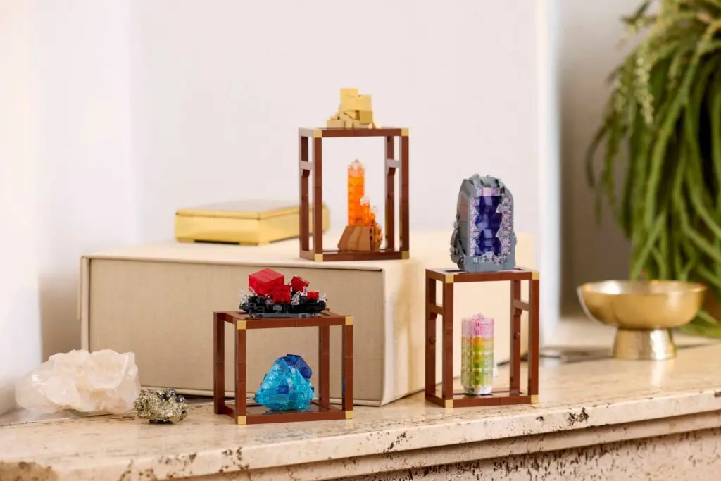 Colorful crystals displayed on wooden stands