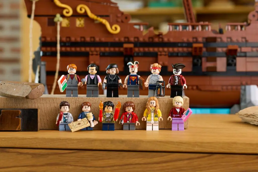 Collection of LEGO characters with ship backdrop