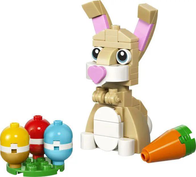 Lego bunny with colorful Easter eggs