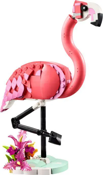Pink LEGO flamingo on display stand