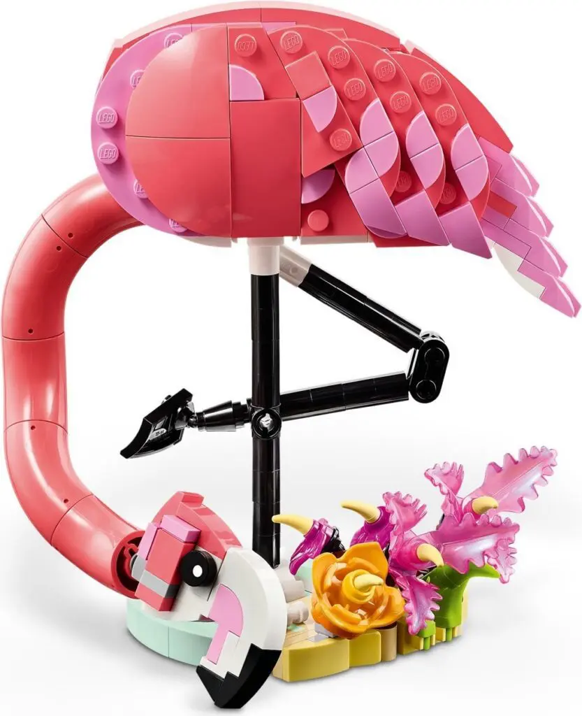LEGO flamingo with colorful flowers