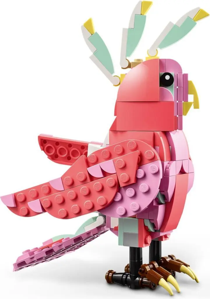 Colorful LEGO parrot with pink feathers