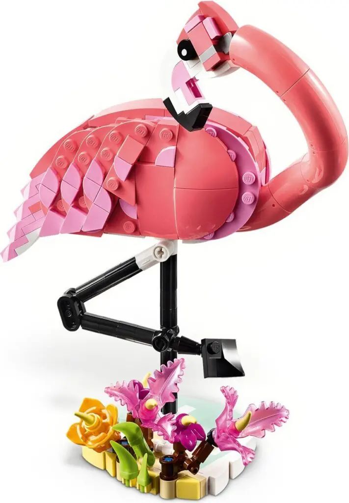 LEGO flamingo with colorful flowers