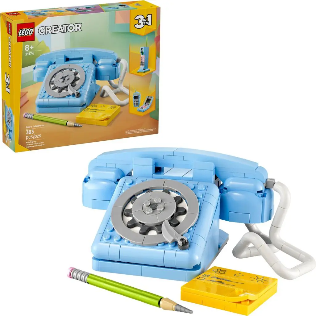 Blue LEGO rotary phone and accessories