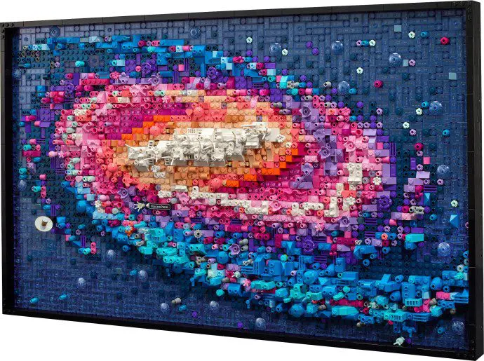 Vibrant LEGO brick galaxy artwork