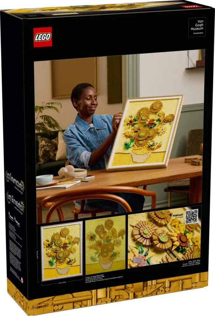 Person assembling LEGO sunflower art