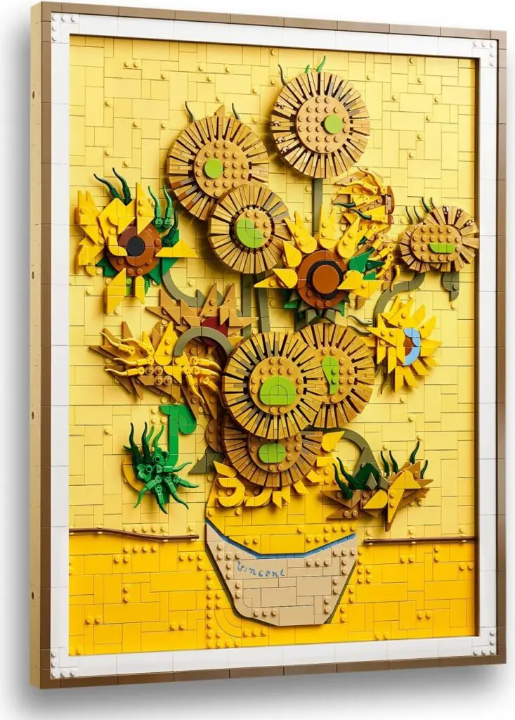 LEGO sunflower art on yellow background