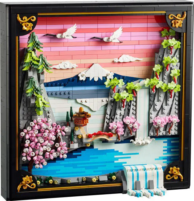 Colorful Lego art with trees and water