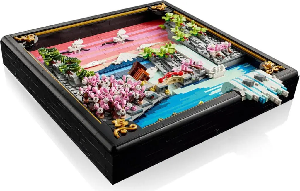 Colorful LEGO diorama with cherry blossoms