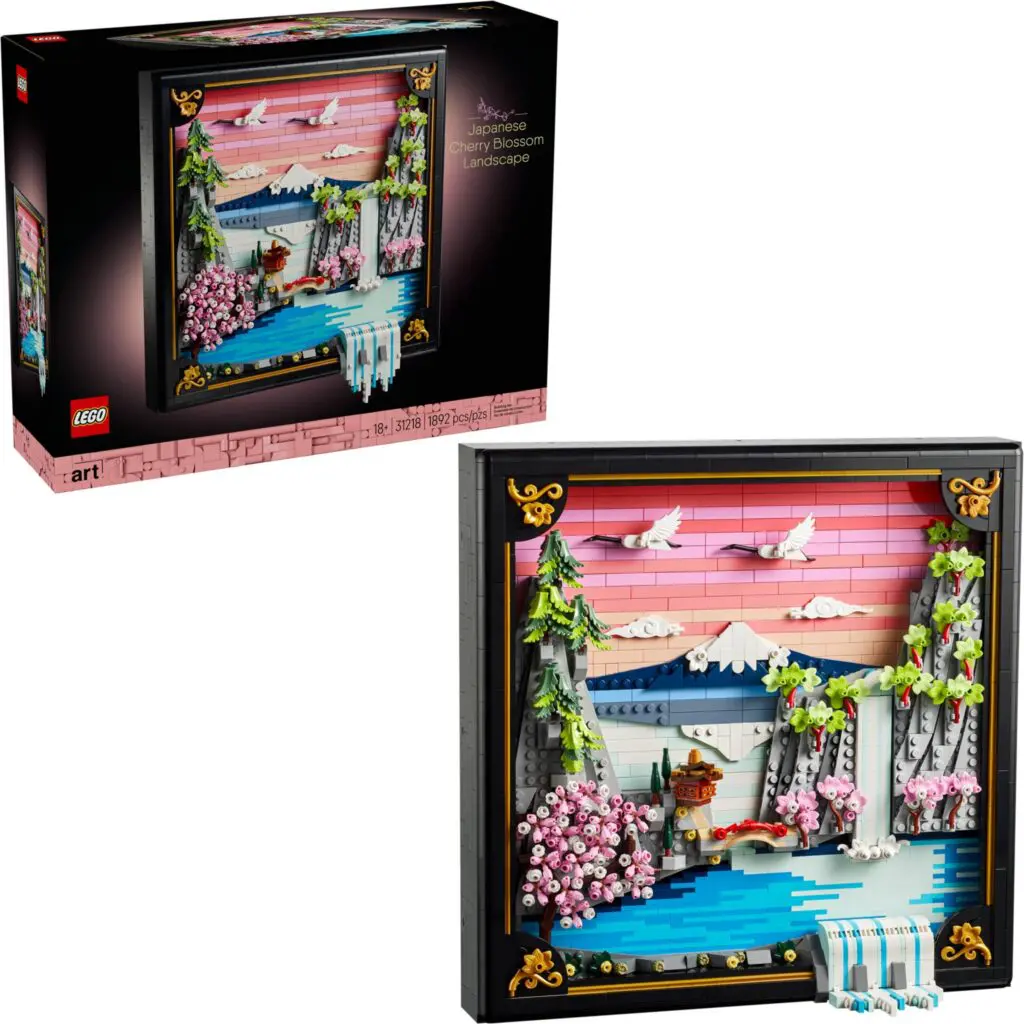 Vibrant LEGO art with cherry blossoms
