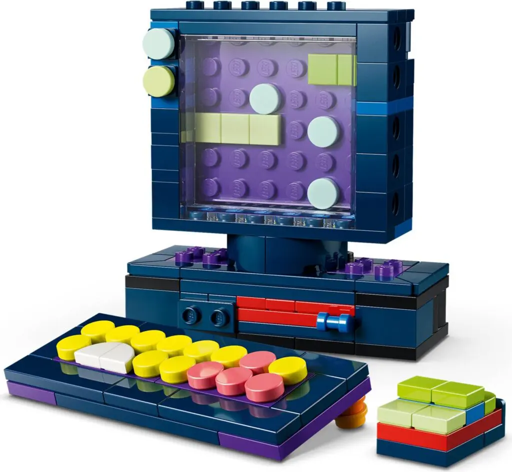 Colorful LEGO bricks forming a vintage computer