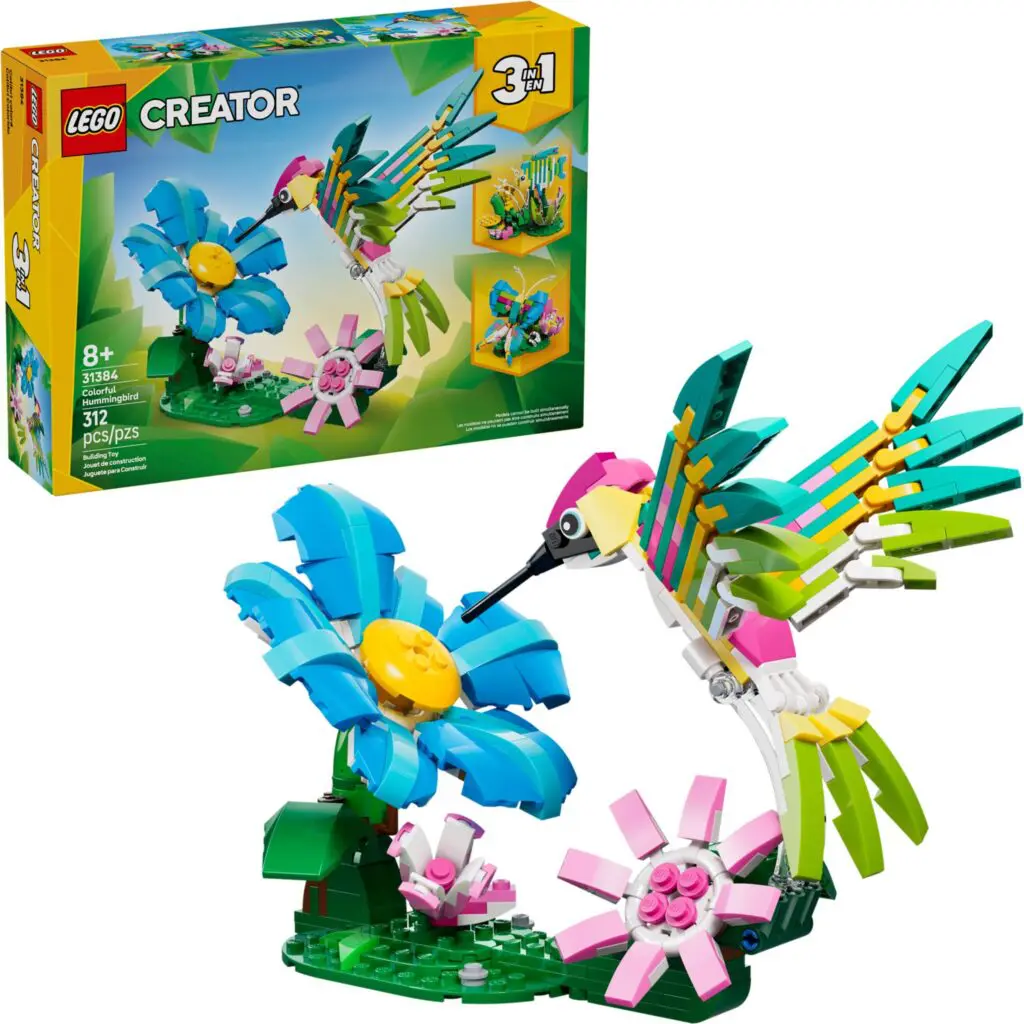 Colorful LEGO bird and flower display