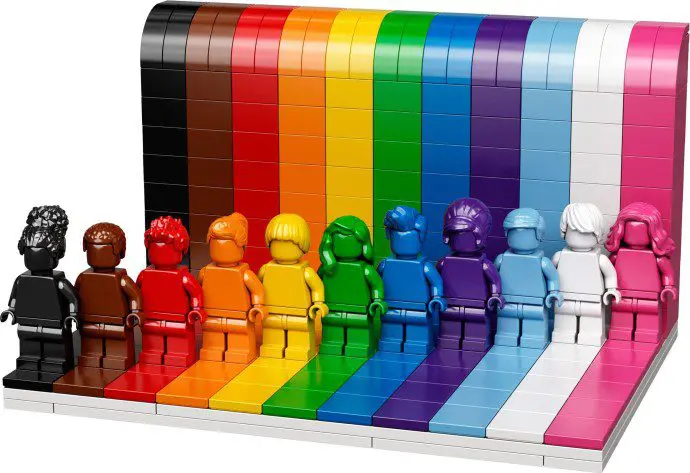 Colorful LEGO figures in a rainbow sequence