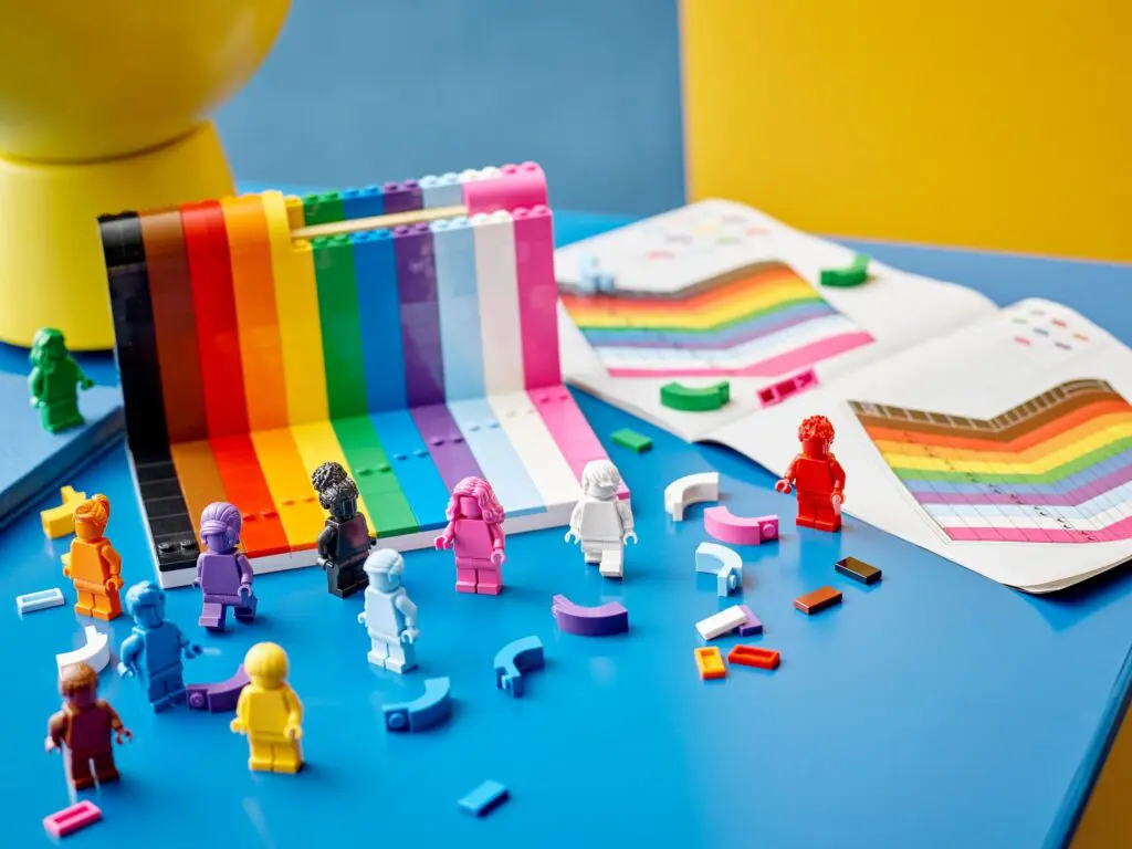 Colorful LEGO figures with rainbow backdrop