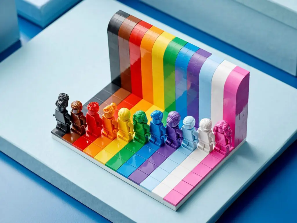 Diverse LEGO figures with rainbow backdrop