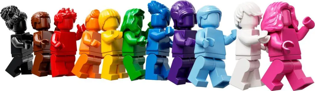 Rainbow LEGO mini-figures lined up
