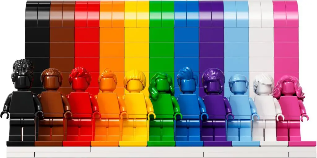 Rainbow LEGO minifigures in a row