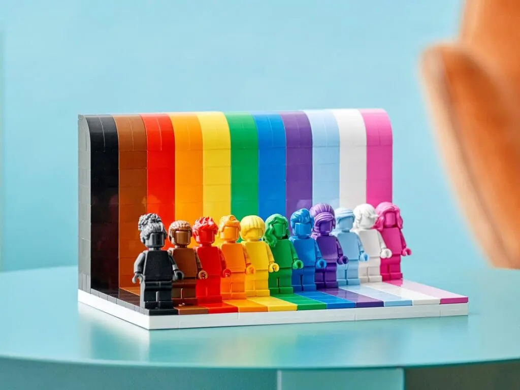 Rainbow-themed LEGO set on a table