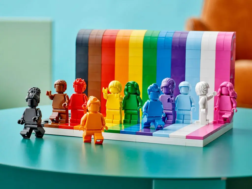 LEGO figures in rainbow display