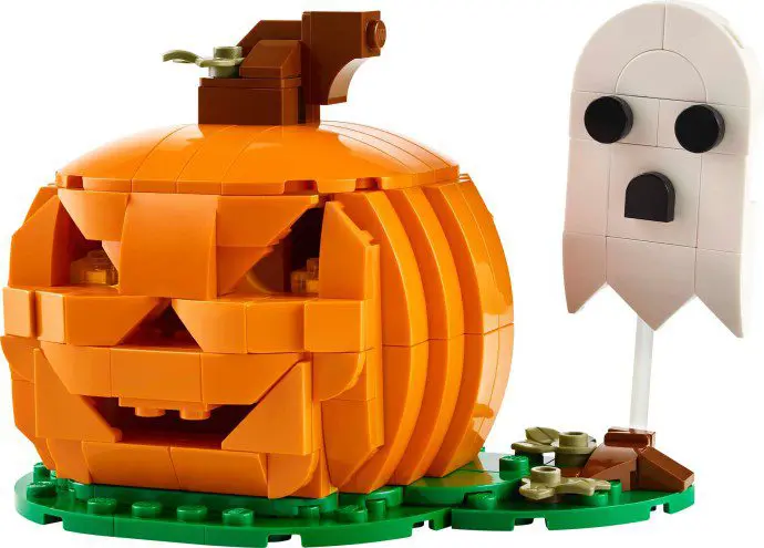 Halloween-themed LEGO model with pumpkin