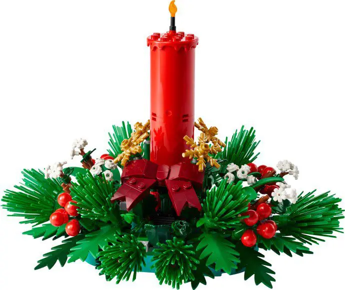LEGO candle centerpiece with festive greenery