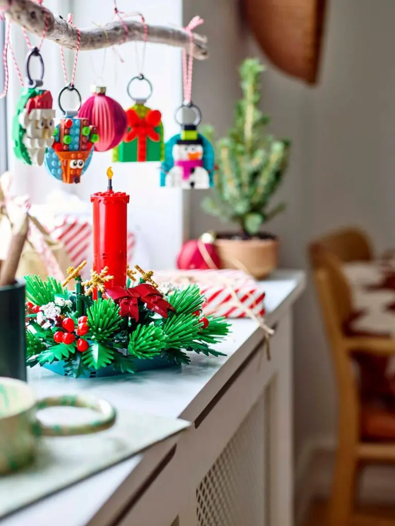 Christmas-themed window display with ornaments