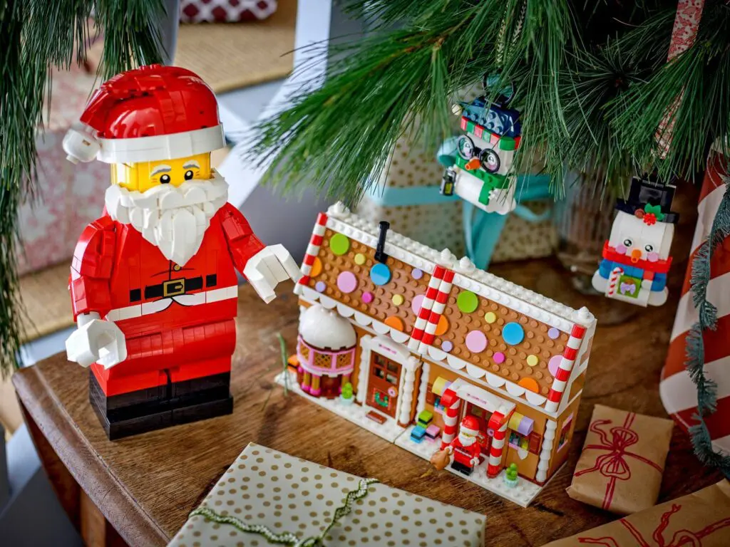 Festive Lego scene under Christmas tree