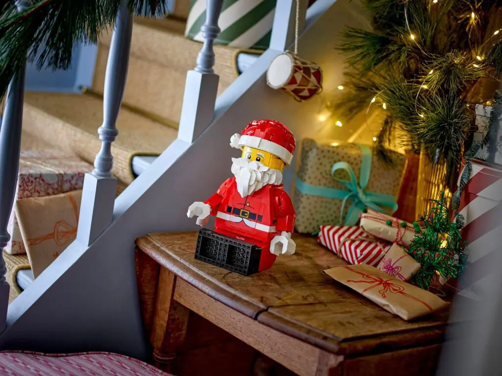 Lego Santa figurine by staircase