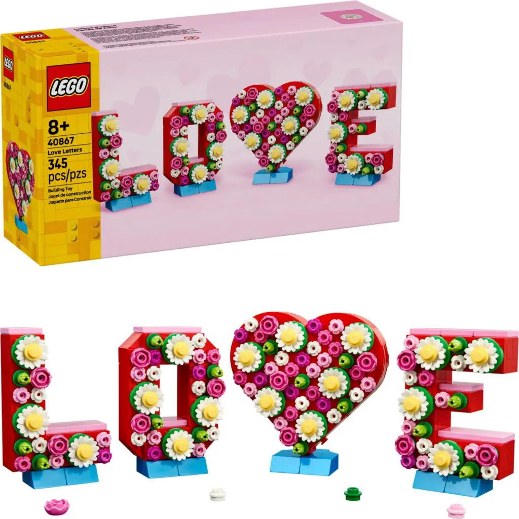 Colorful LEGO floral letters spelling love