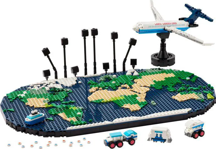 LEGO world map with airplane and cars