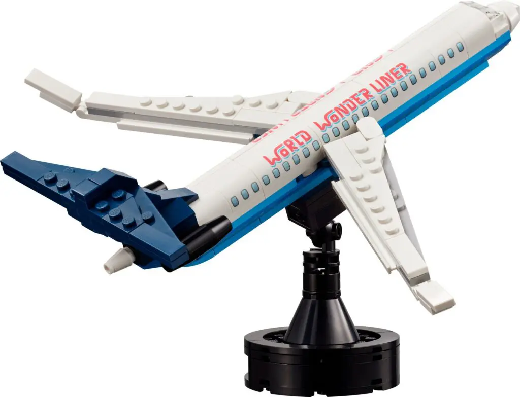 Blue and white model aircraft on stand
