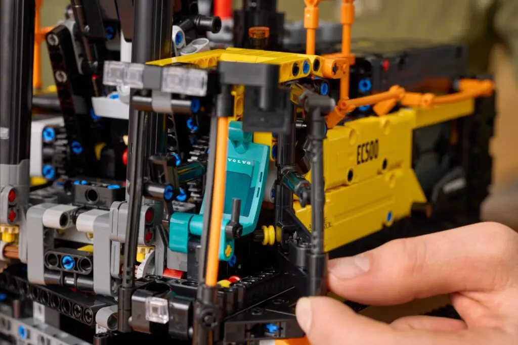 Close-up of intricate Lego machinery assembly