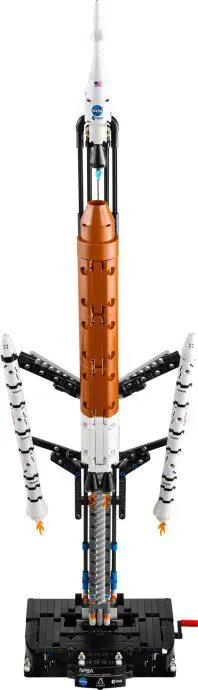 LEGO rocket model on display stand