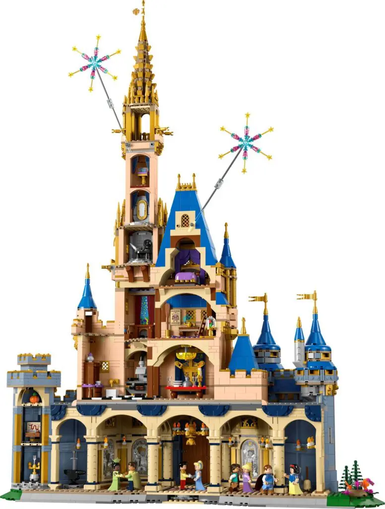 Colorful Lego castle model with fireworks