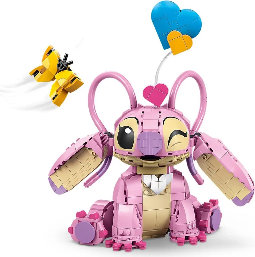 Pink LEGO creature with heart balloons