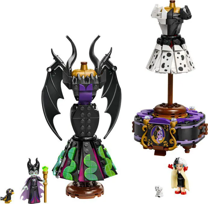 LEGO villain-themed dress display with minifigures