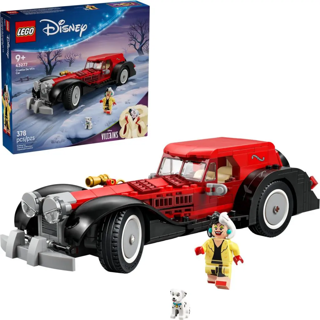 Red LEGO car with minifigures