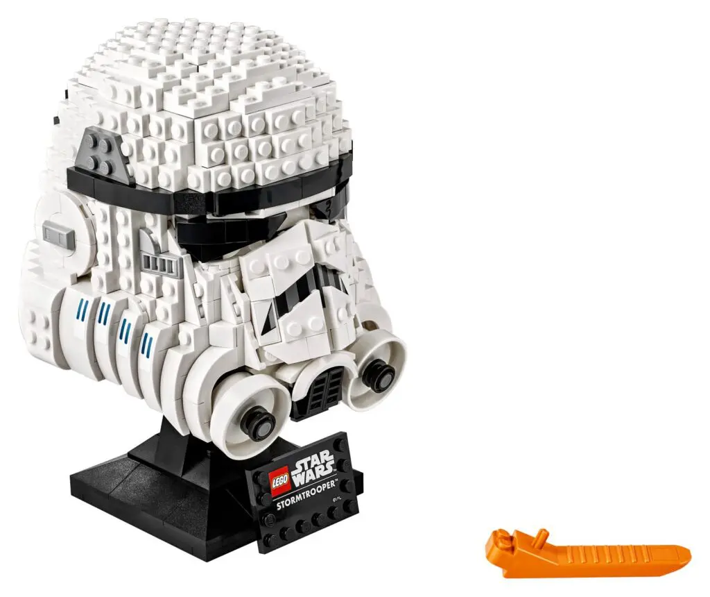 Detailed LEGO Stormtrooper helmet on stand