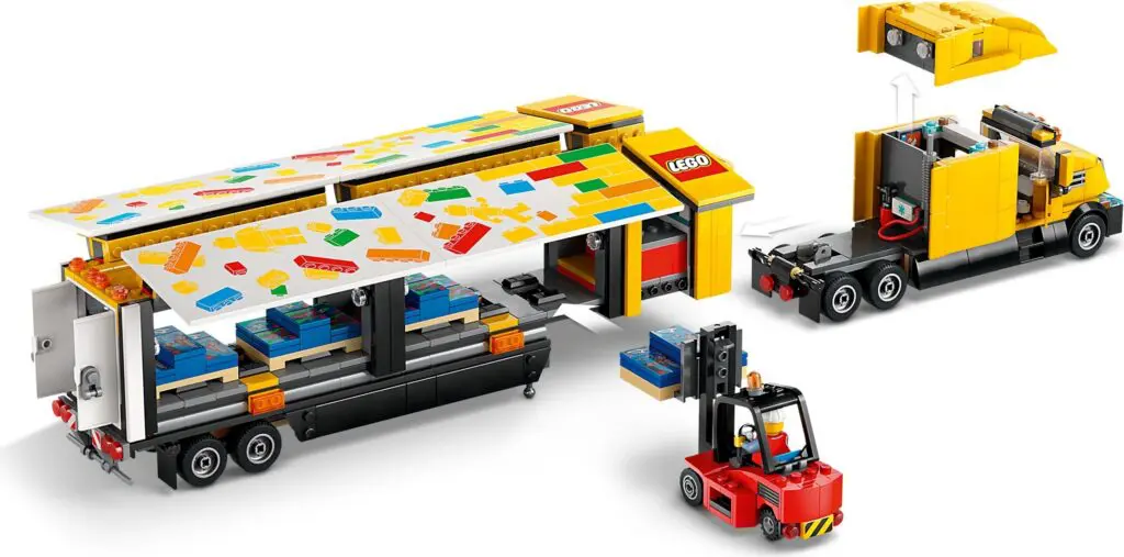 Colorful LEGO truck with forklift