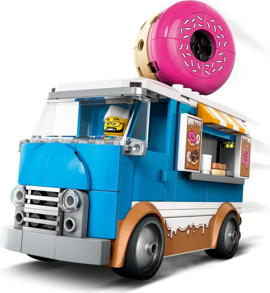 Blue LEGO vehicle featuring donut design