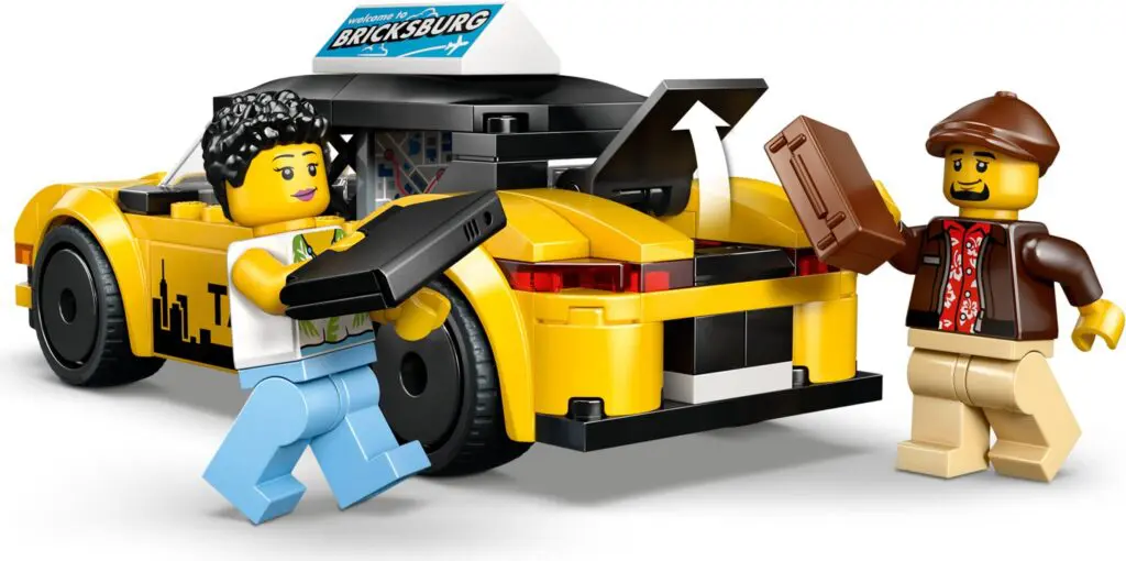 LEGO characters with luggage and taxi