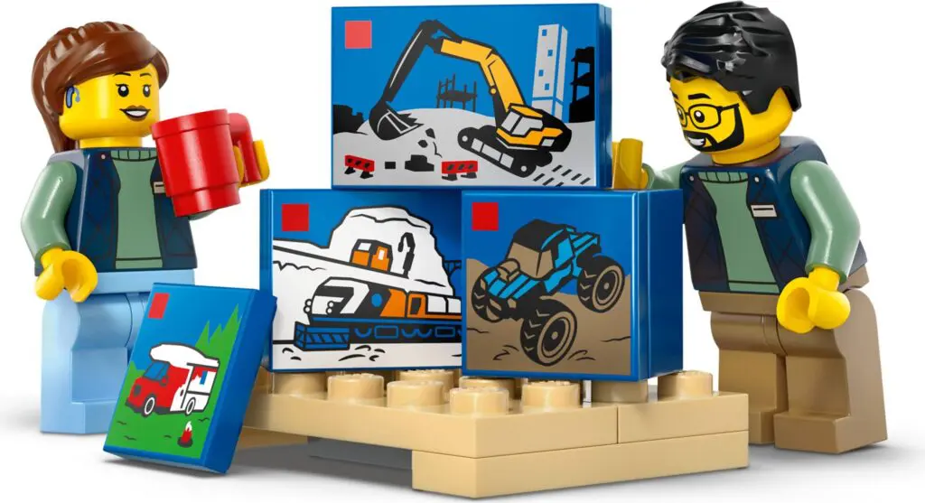 Lego figures with construction-themed blocks