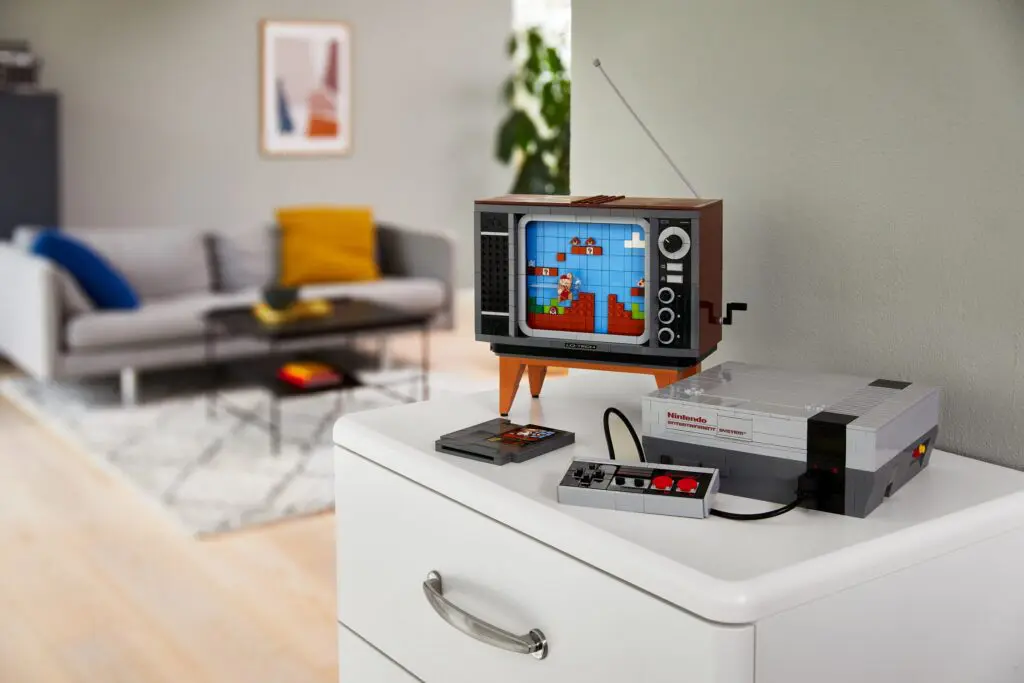 Living room with NES and retro TV.