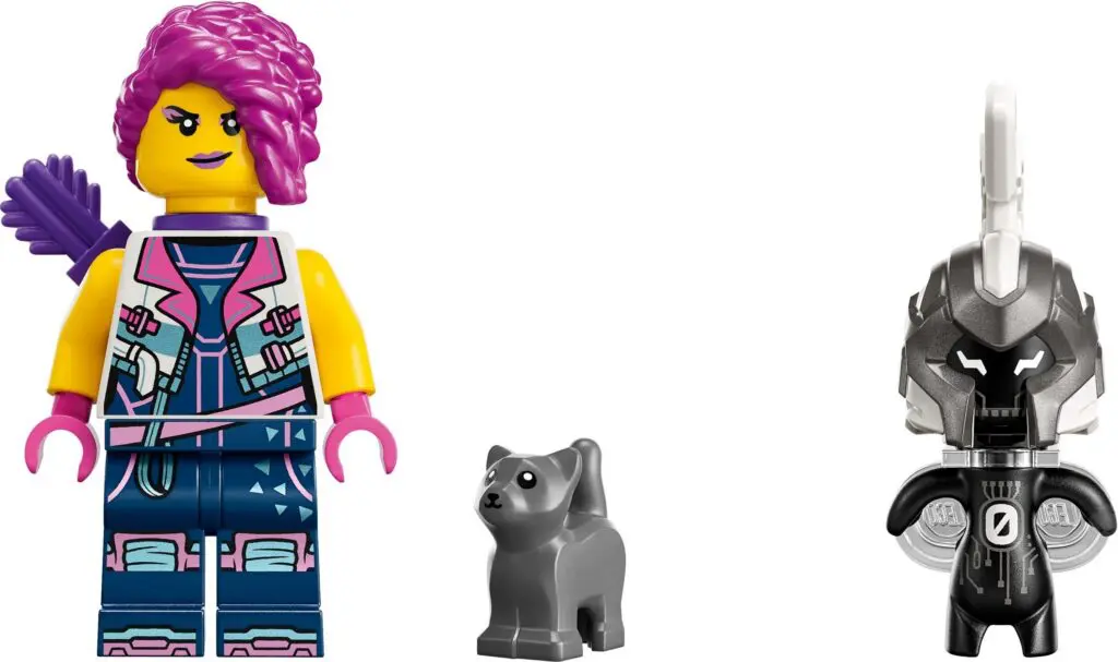 LEGO minifigure, gray cat, and robot keychain